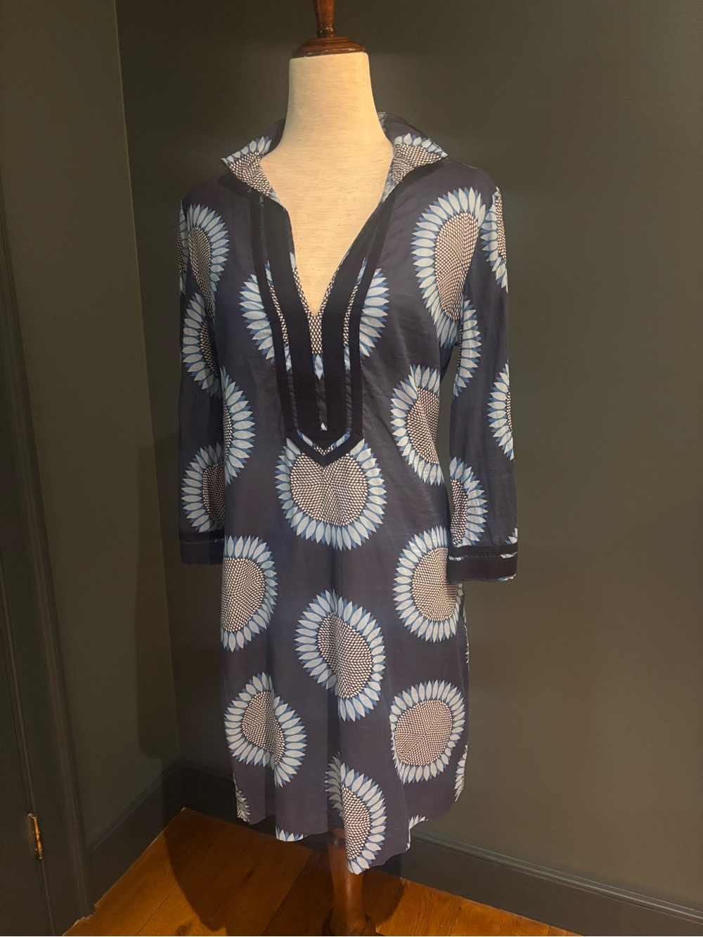 Tory Burch Navy and Light Blue Floral-Print Tunic